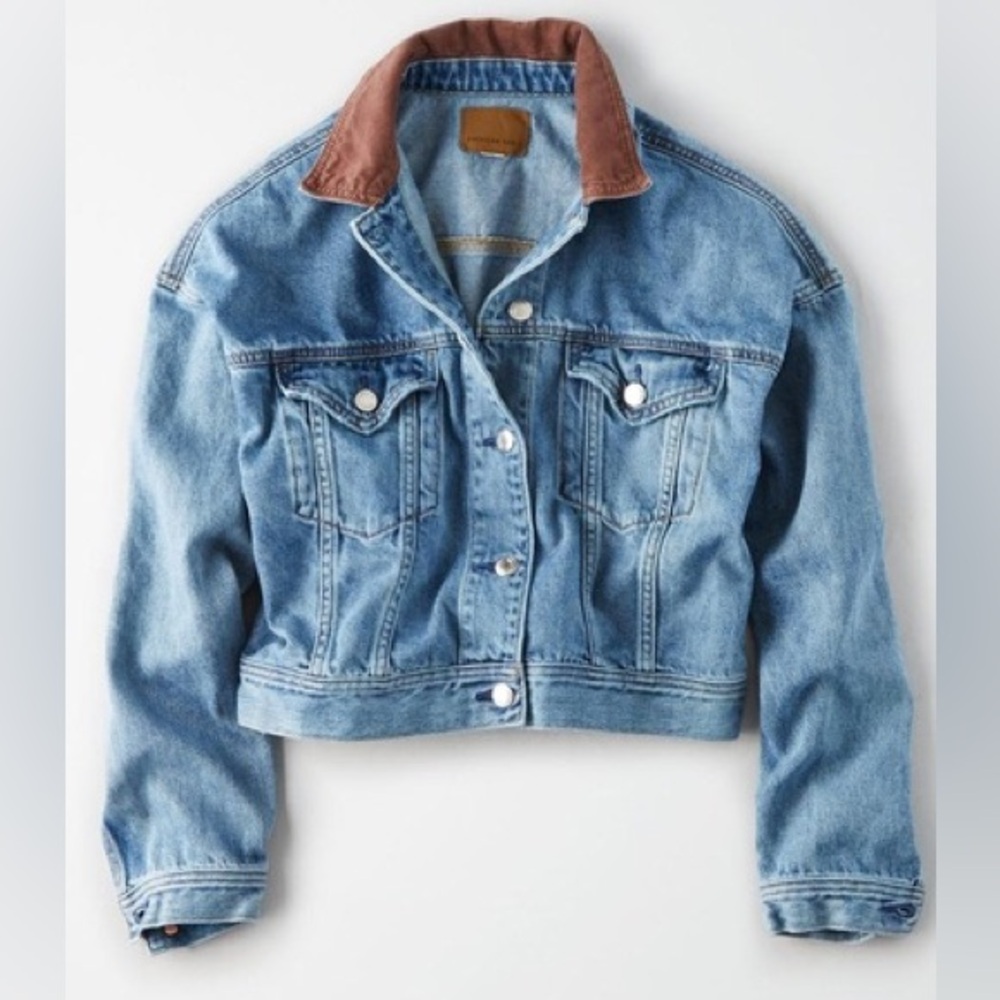 American Eagle Cropped Denim Jacket with Corduroy Collar